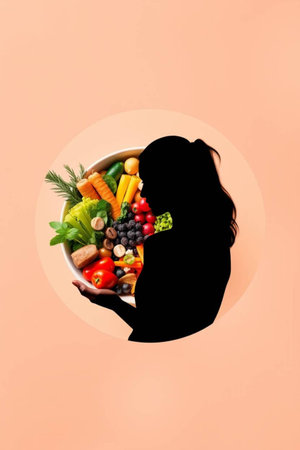 Woman with bowl of fresh vegetables and fruits. Healthy eating concept.の写真素材