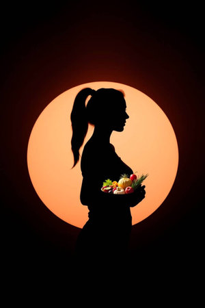 Silhouette of a young woman with a bowl of fresh vegetablesの写真素材