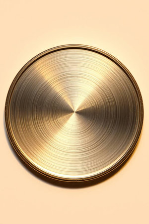 Metal plate on beige background, top view. Close up.の写真素材