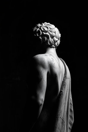 Black and white portrait of a statue in a black backgroundの写真素材