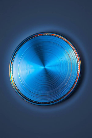 Blue metal plate with circular polished surface. 3d rendering, 3d illustration.の写真素材