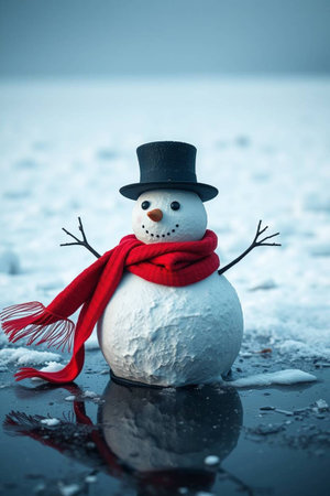 Snowman with red scarf and hat on frozen lake. Christmas concept.の写真素材