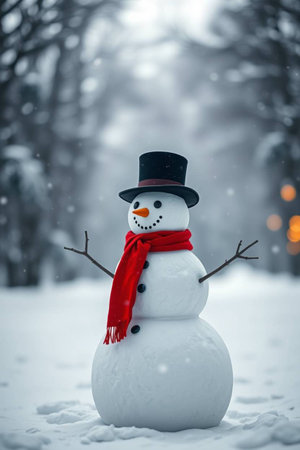 Funny snowman with red scarf and hat in winter forest.の写真素材