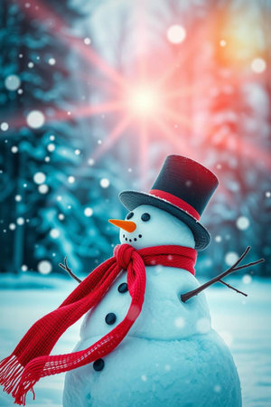 Snowman with red scarf and hat on the background of snowy forestの写真素材