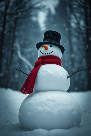 Snowman with red scarf and hat standing in snowdrift.の写真素材