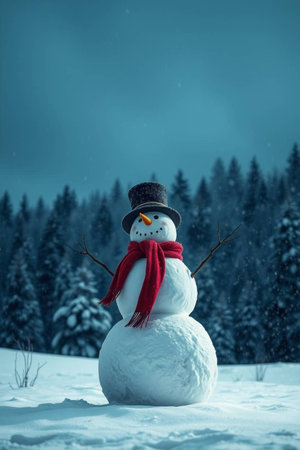 Snowman with red scarf and hat standing in snowy forest. Christmas background.の写真素材
