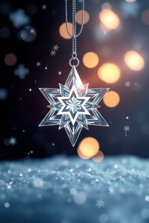 Silver Christmas star hanging on snow with bokeh background. 3D Renderingの写真素材