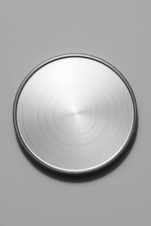 Stainless steel plate on a gray background, top view.の写真素材