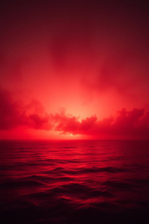 Beautiful seascape with red sunset over the sea. Toned.の写真素材
