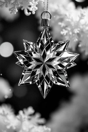 Silver Christmas star decoration on snowflakes background. Black and whiteの写真素材
