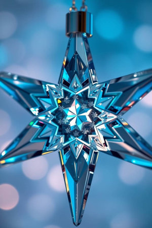 Christmas star on blue bokeh background. 3D illustration.の写真素材