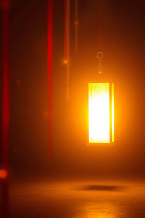 Lantern in a foggy room. Selective focus.