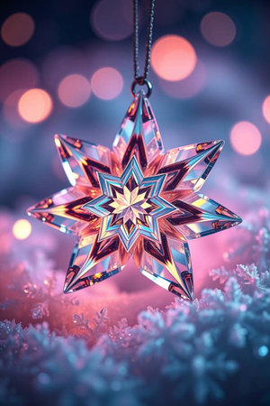 Christmas star decoration on snow background with bokeh defocused lightsの写真素材