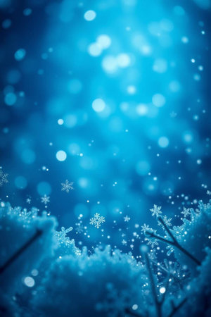 Winter background with snowflakes and blue bokeh lights.の写真素材