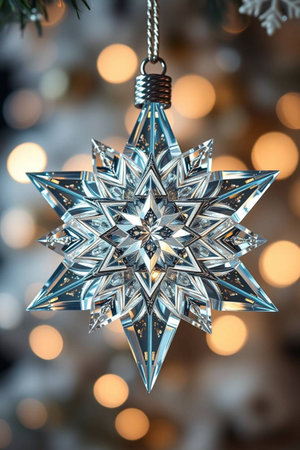 Silver Christmas ornament hanging on a Christmas tree with bokeh background