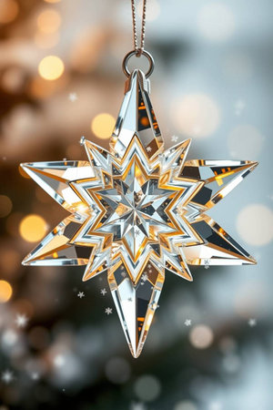 Christmas star ornament on bokeh background. 3D illustration.