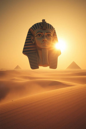 Egyptian Sphinx in the Sahara desert at sunset, Cairo, Egypt