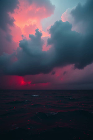 Dramatic sunset over the sea. Colorful cloudscape.