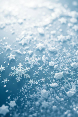 Snowflakes on blue background. Macro shot with shallow depth of fieldの写真素材