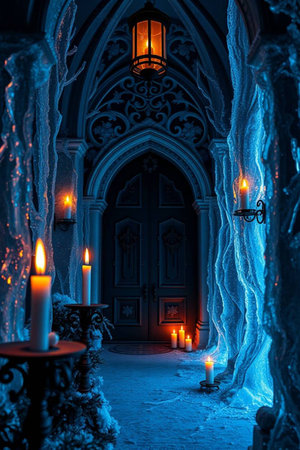 Beautiful winter landscape with Christmas decorations and candles in front of a door