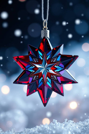 Christmas star decoration on snow background with bokeh effect, close up