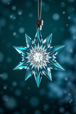Christmas star on a blue background with snowflakes. 3d illustration
