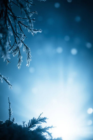 Winter background with snowflakes on the branches of a tree.の写真素材