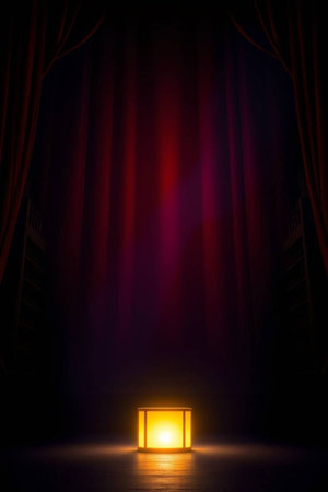 Stage with red curtains and spotlight. 3d render. Stage backgroundの写真素材