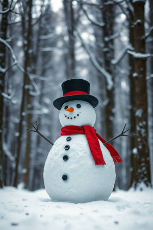 Snowman in a winter forest. Christmas and New Year theme.