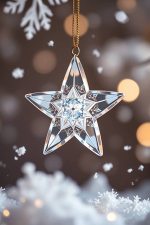 Christmas star with snowflakes and bokeh lights on background