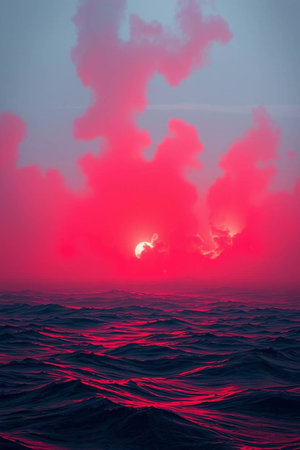 Beautiful sunset in the sea with red sky and clouds. Nature backgroundの写真素材