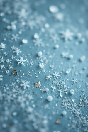 Macro shot of snowflakes on a blue textured backgroundの写真素材