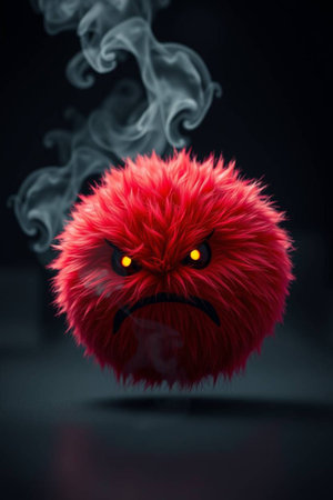 Frightened red furry monster with black background. Halloween concept.の写真素材