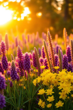 Colorful lupine flowers in the field at sunset. Beautiful nature background.の写真素材