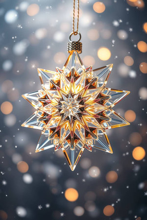 Christmas decoration on a dark background with bokeh and snowflakesの写真素材