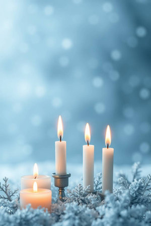 Christmas and New Year background with candles on blue bokeh backgroundの写真素材