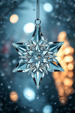 Christmas star decoration on blurred background with bokeh and snowflakesの写真素材