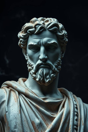 Sculpture of a man with a beard on a dark backgroundの写真素材