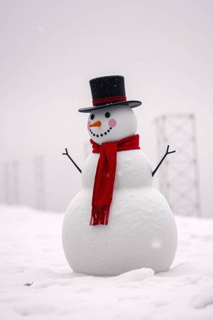 Snowman in the snow with red scarf and hat on white backgroundの写真素材