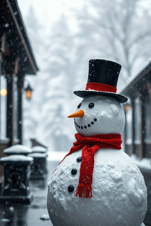 Snowman with hat and scarf on the background of the winter landscapeの写真素材