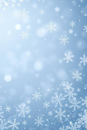 Winter background with snowflakes and bokeh effect on light blue