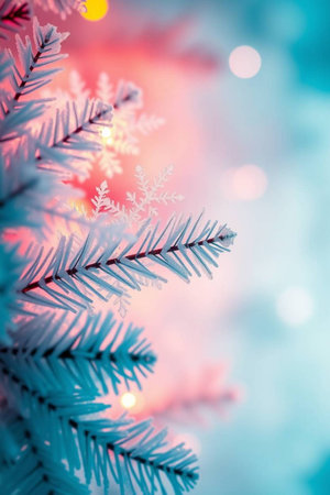 Christmas background with fir branches covered with hoarfrost and bokehの写真素材