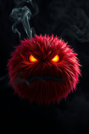 Frightening red halloween monster with smoke on black backgroundの写真素材