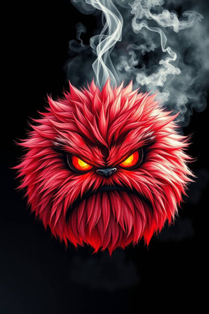 Angry red alien with smoke on a black background. Vector illustration.