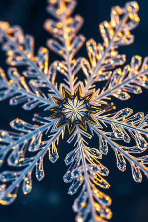 Snowflake on black background. Macro photo of real snow crystals.の写真素材