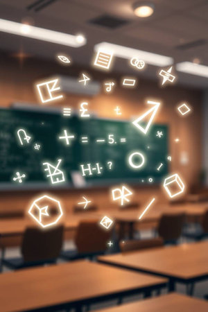 Blur classroom with blackboard and science symbols. Education concept.の写真素材