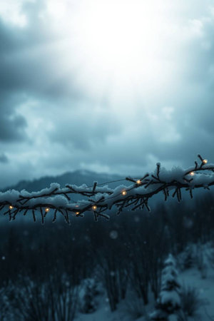 Winter landscape with snow covered trees and mountains in the background with sun raysの写真素材