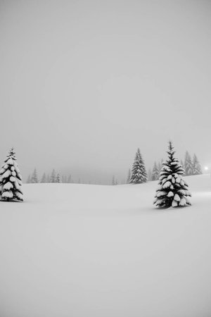 Winter landscape with snow covered fir trees. Black and white image.の写真素材