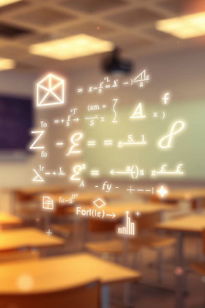 Conceptual image with white math symbols flying out of a classroomの写真素材