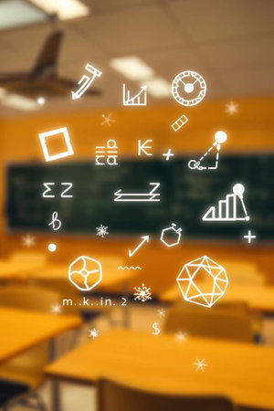 Blur classroom with science and mathematics symbols on the wall, education conceptの写真素材
